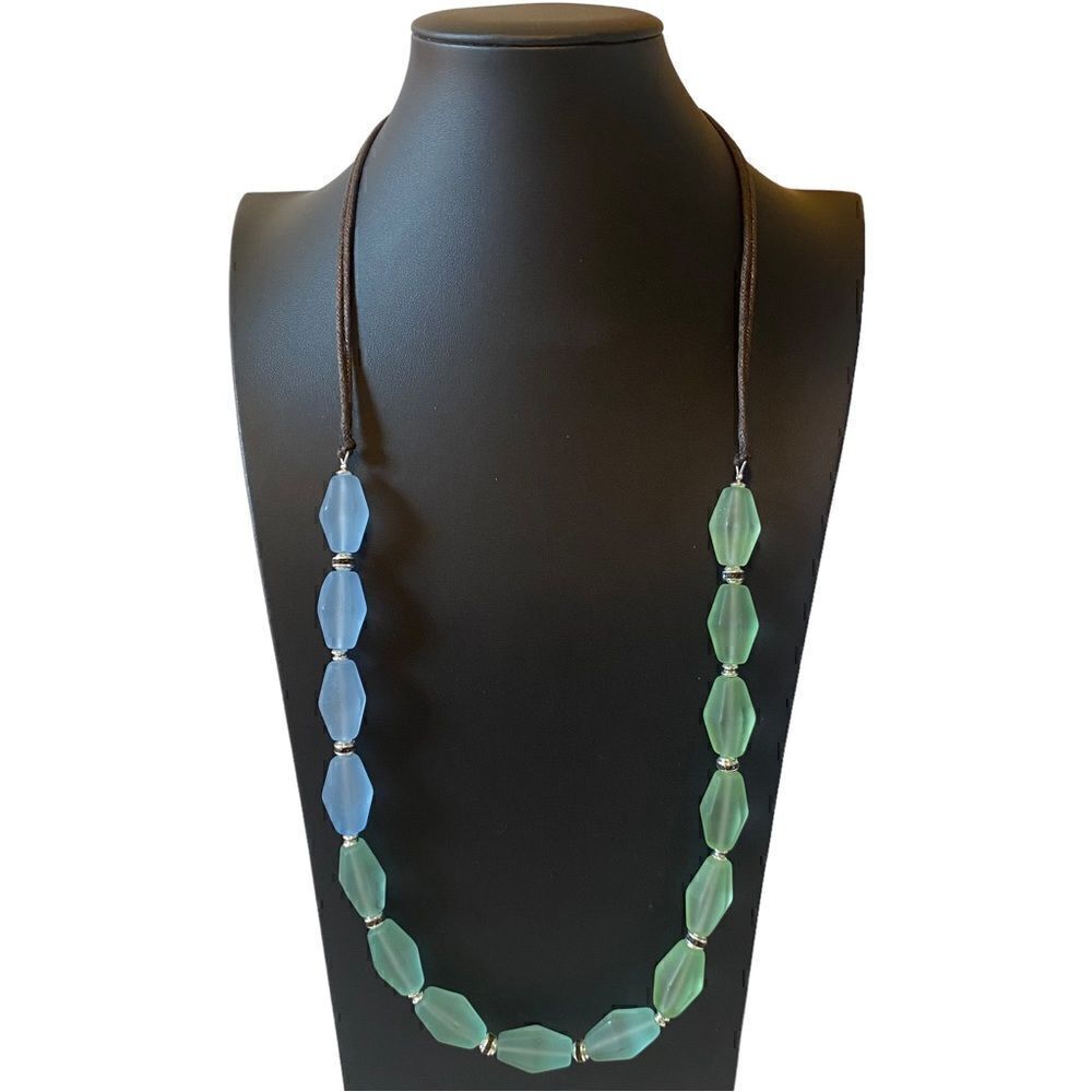 Kenneth Cole Blue & Green Frosted Sea Glass Necklace on Double Brown Cord.